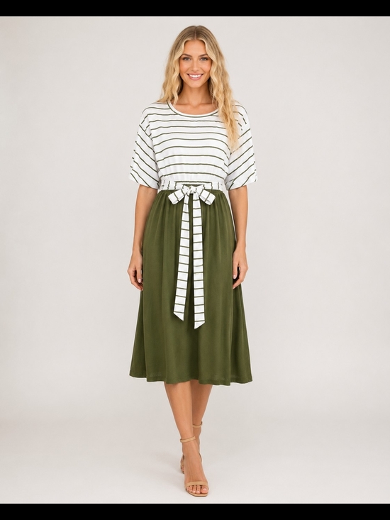 Merokeety Dresses & Skirts - Merokeety Womens Flutter Sleeves White Striped Olive Green Midi Dress w/Belt, L